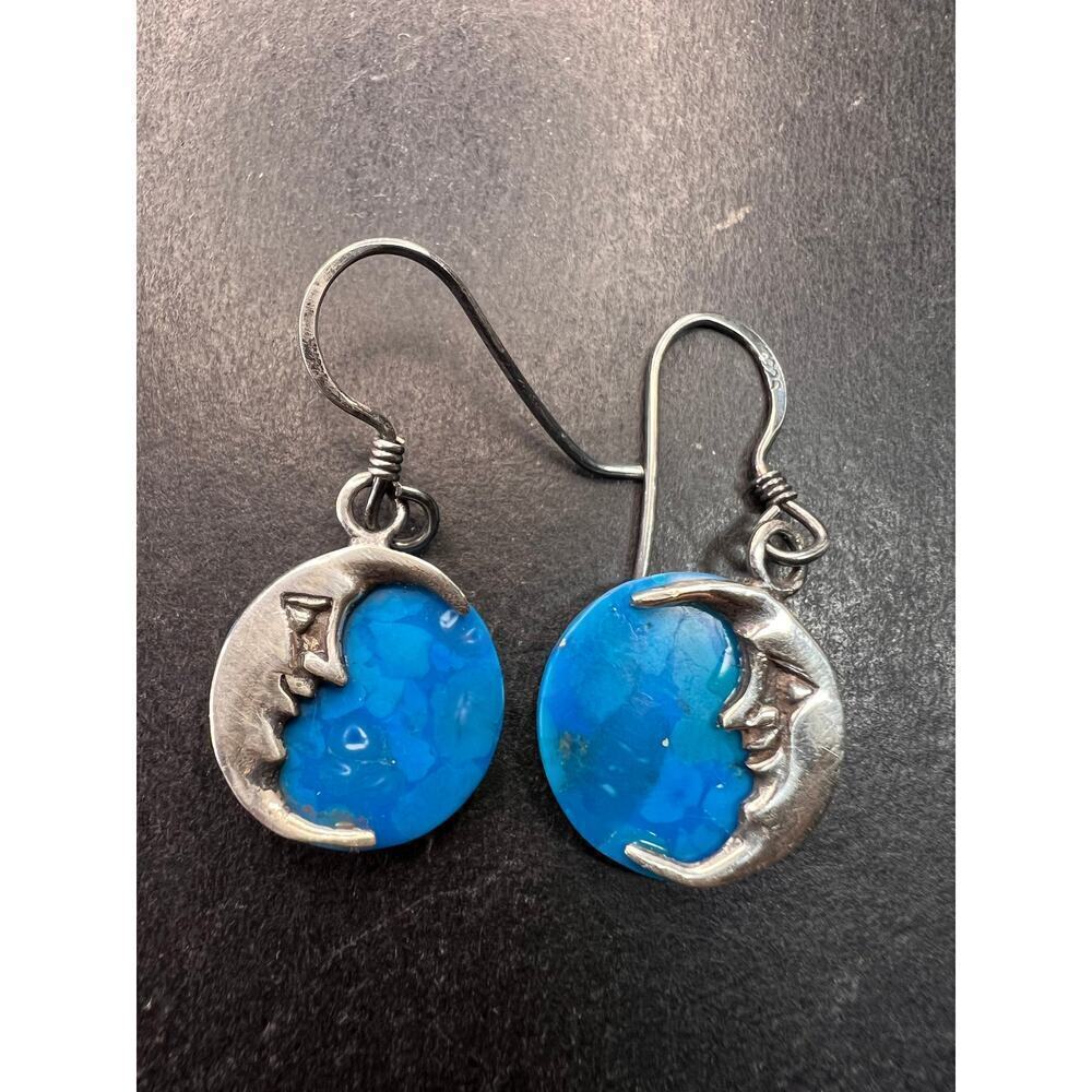 Vintage Sterling Silver Crescent Moon Blue Stone Dangle Earrings